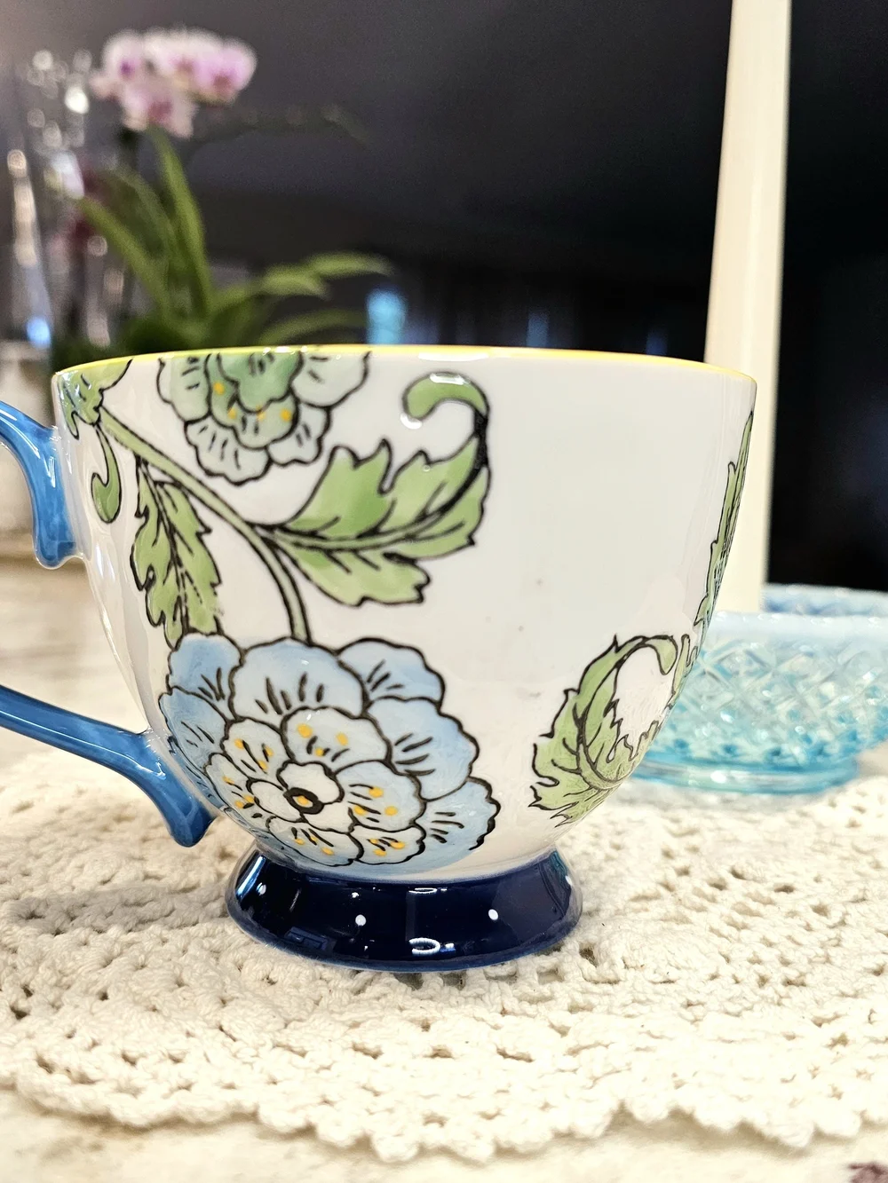 Blue Handpainted Floral Ceramuc Mug Pedestal Base Garden Teacup Special Moments